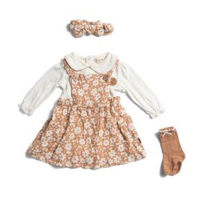 NWT RABBIT AND BEAR ORGANIC Cotton Girls 4pc Floral Bodysuit & Jumper Dress Set